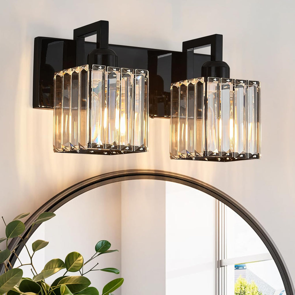 Modern Bathroom Vanity Light 2-Lights Plating Black Vanity Light Crystal Wall Light Bathroom Light Fixtures