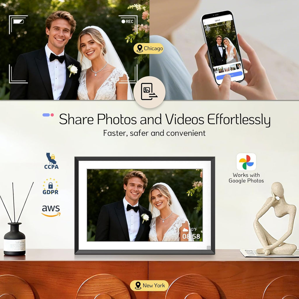 NexFoto 10.1” Digital Picture Frame 64GB, HD Touchscreen WiFi Electronic Photo Frame, Share Photos/Videos via APP/USB, Add Pics from Google Photos, Unboxing Gift Mode, for Christmas/Mom, Black
