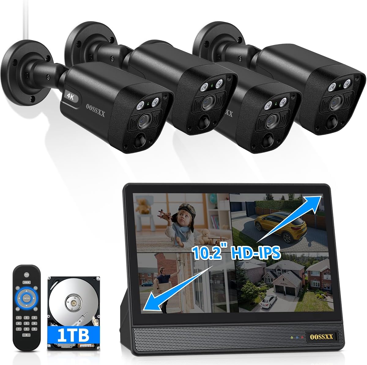 (All-in-One 10.1" IPS 8MP Monitor) 2-Way Audio PoE Outdoor Home Security Camera System Wired Outdoor Video Surveillance IP Cameras System