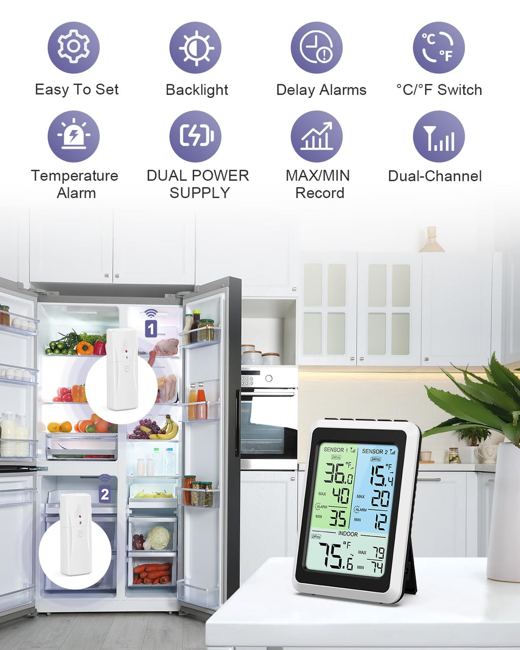 Refrigerator Thermometer with Alarm - 4.5 inch Wireless Fridge Thermometer with 2-Level Backlight, 2 Sensors, Digital Freezer Thermometers with Max/Min Records, for Homes Restaurants Cellars