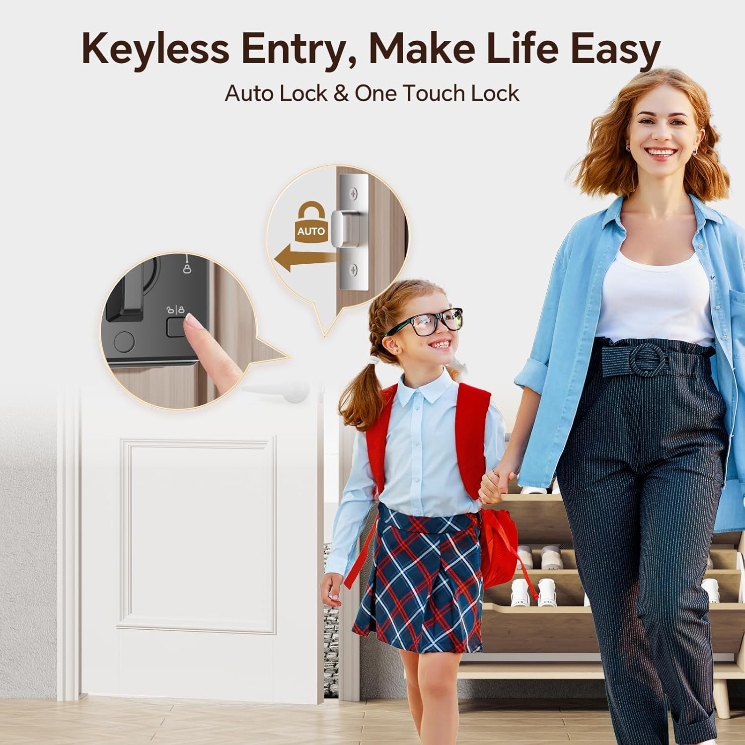 Keyless Entry Door Lock Set Smart Locks for Front Keypad Door Lock with Handle Low Battery Warning Automatic Lock One Time Password Anti Peeping Password IP54, Satin Nickel