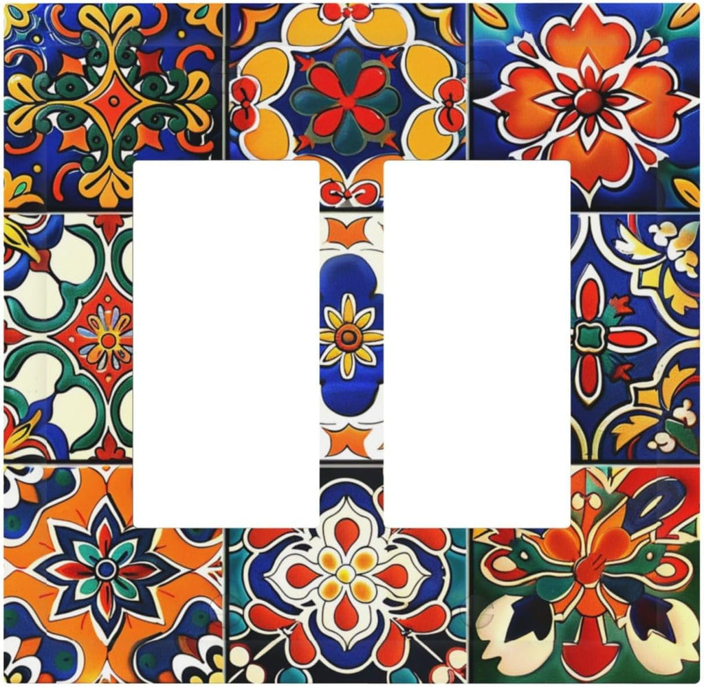 Decorative Outlet Covers Colorful Mexican Talavera Vintage Boho Floral 2 Gang Double Gfci Rocker Electrical Wall Panels Light Switch Cover Plate For Farmhouse Cabin Decor