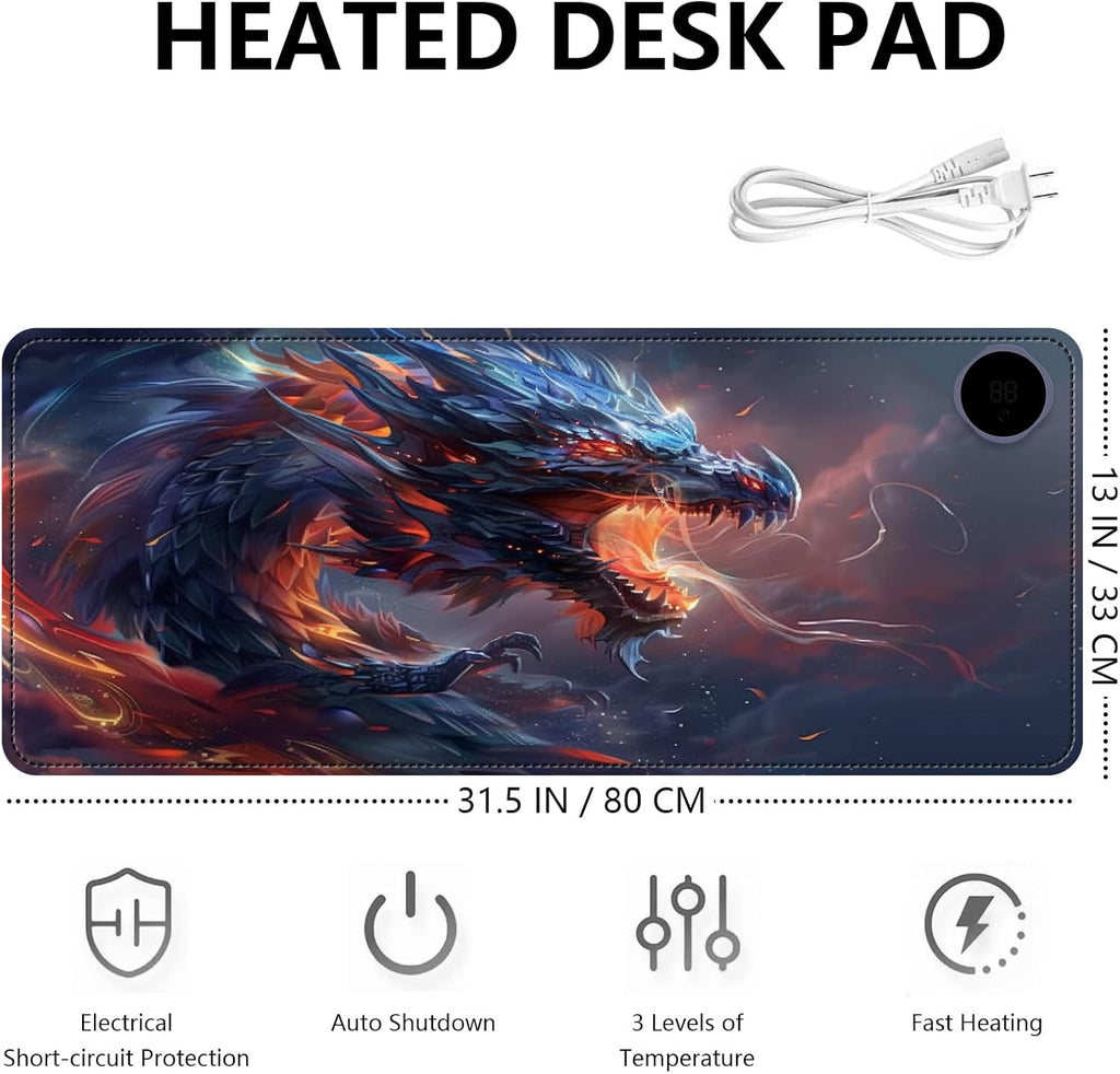 Heated Mouse Pad with 3 Levels Heated & 3 Hours Auto Shut-Off Mouse Pad for Warming Hands in Office Home, 31.5" x 13"Large Safe Desk Mat Hand Warmer，Watercolor Dragon