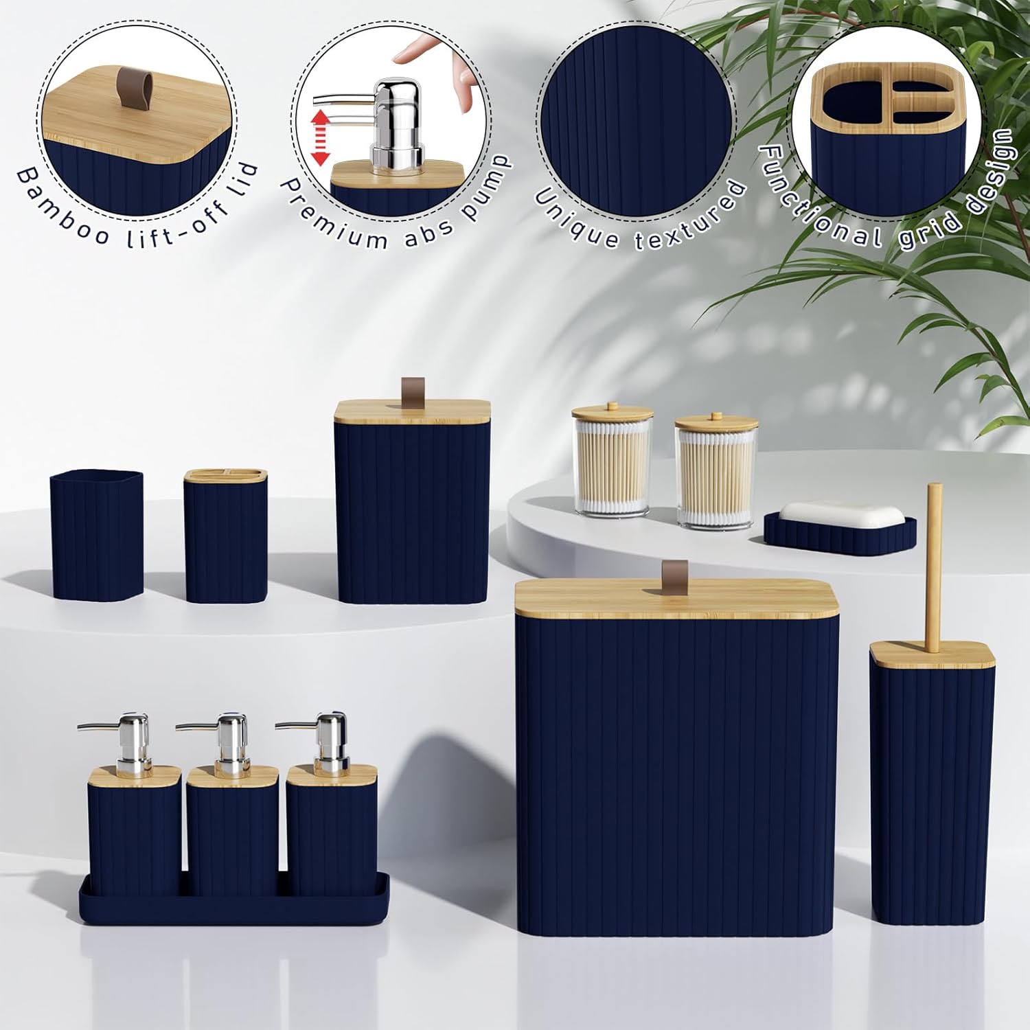 Bathroom Accessory Set - Navy Blue Bathroom Set, 12PC Bathroom Accessories Set, Blue Bathroom Accessories Set, Mini Trash Can, Toilet Brush, Trash Can & Soap Dispenser