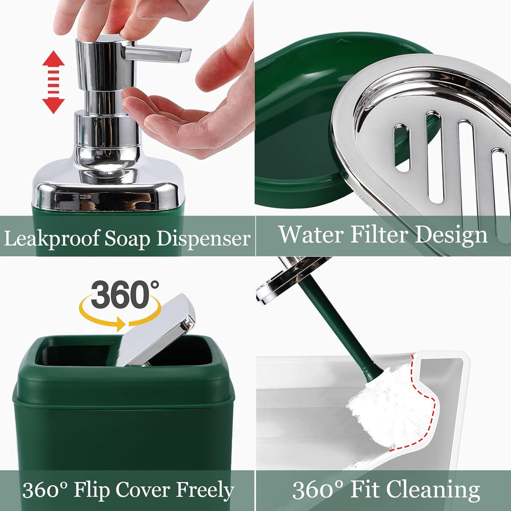 Dark Green Bathroom Accessories Set, Bathroom Sets with Shower Curtain, Green Bathroom Accessories with Trash Can, Soap Dispenser, Soap Dish, Toilet Brush Holder, Qtip Holders for Bathroom