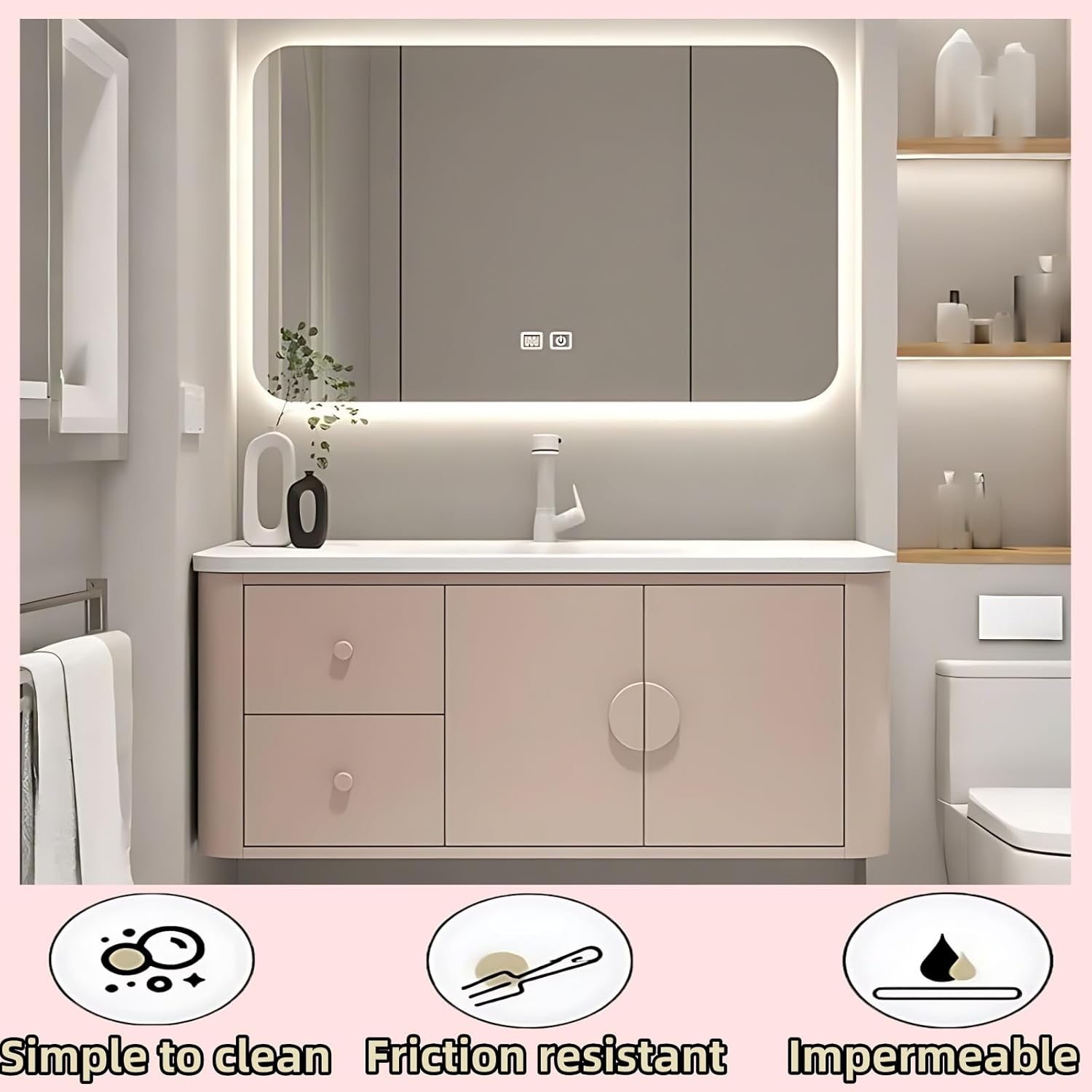 52IN Pink Modern Bathroom Vanity - Bathroom Vanities Set with 2 Drawers Wall Mounted | Rounded Corner Smart Defogging Mirror Cabinet with Lighting & Time Display, Side Opening Storage Shelf (Style A)
