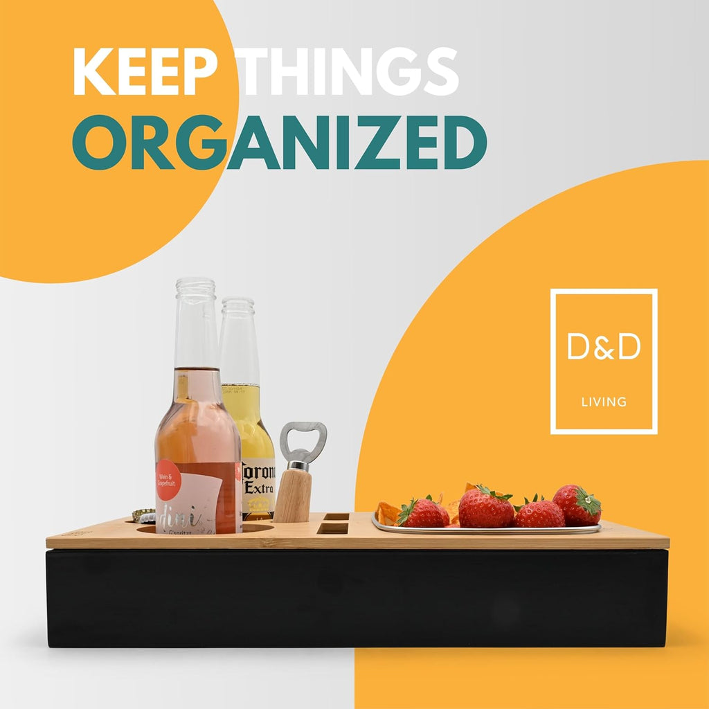 D&D Living® Couch Caddy - Bamboo Couch Console | Anti-Spill Drink and Cup Holder | Snack Organizer Tray for Sofa with Bottle Opener