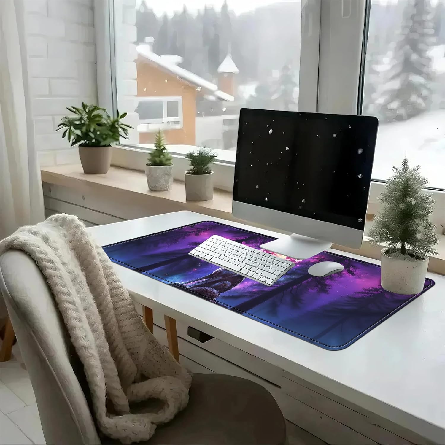 Heated Mouse Pad with 3 Temperature Settings(104°F–122°F),Large 31.5x13 Inch PU Leather Heated Desk Mat,Waterproof Warming Pad for Office,Gaming & Cold Hands Relief,Moon Wolf Howling