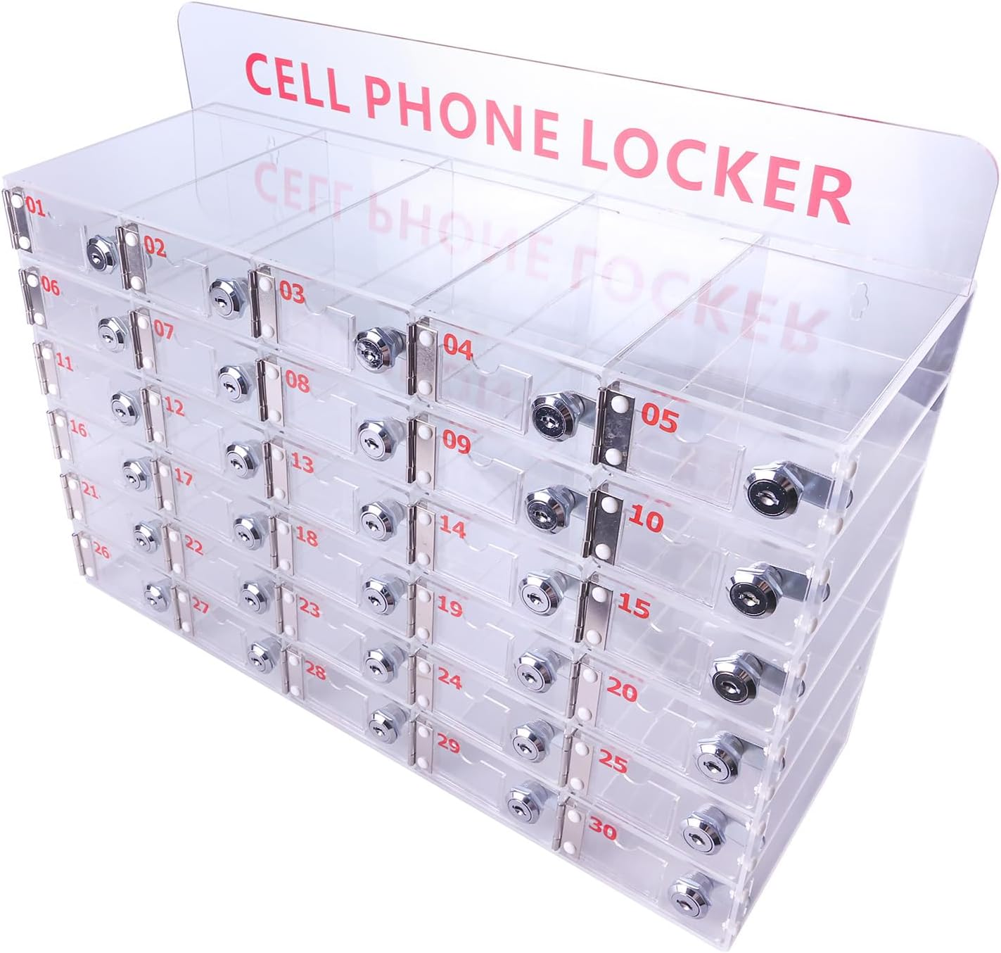 30 Slots Clear Cell Phone Locker,Acrylic Cell Phone Organizer Phones Storage Cabinet Wall Mounted with Door Locks Keys for Factory Office School 12.9X20.6X7.2inch