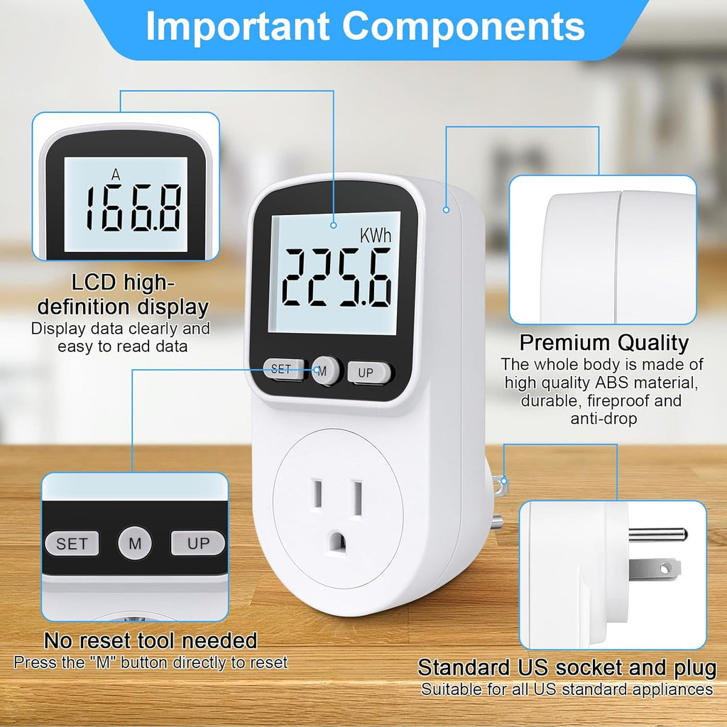 Upgraded Watt Meter Power Meter Plug Home Energy Monitor Electricity Usage Monitor, Electrical Usage Monitor, Energy Voltage Amps Meter Tester with Backlight, Overload Protection, 8 Display Modes