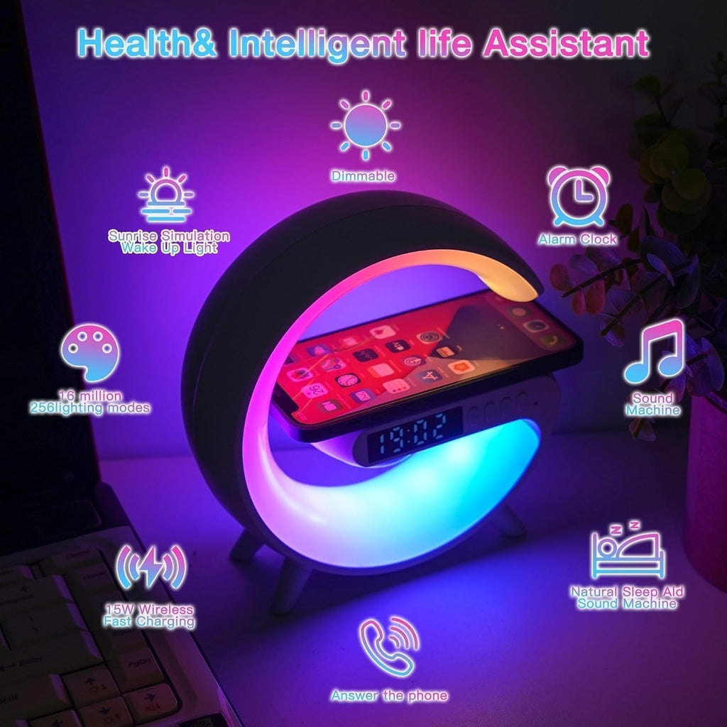 2026 New Smart Mini Table Lamp with Wireless Charger, Bluetooth Speaker Alarm Clock, Night Light for Bedroom Office Desk, Gifts for Kids Teens Chirstmas（Black）
