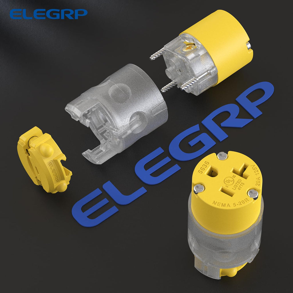 ELEGRP Lighted 20 Amp 125 Volt NEMA 5-20R 2 Pole 3 Wire Grounding Straight Blade Electrical Plug Replacement Cord Outlet Commercial Grade, Yellow, 2 Pack