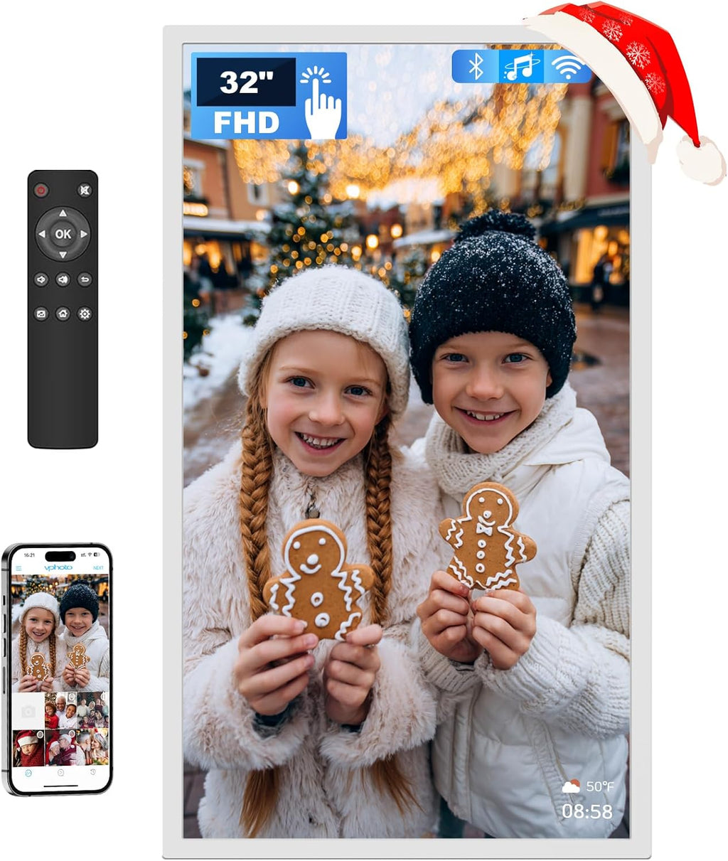 32 Inch FHD Extra Large Digital Picture Frame Touchscreen, 64GB FHD IPS WiFi Digital Photo Frame Remote, Share Photo/Video via Apps, Email, Auto-Rotate, White