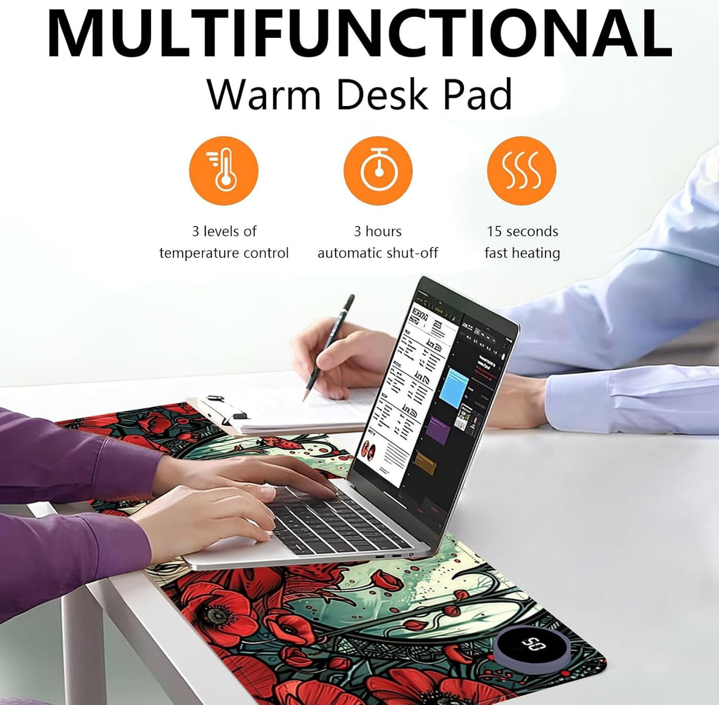 Heated Mouse Pad with 3 Levels Heated & 3 Hours Auto Shut-Off Mouse Pad for Warming Hands in Office Home, 31.5" x 13"Large Safe Desk Mat Hand Warmer，Girl White Fox