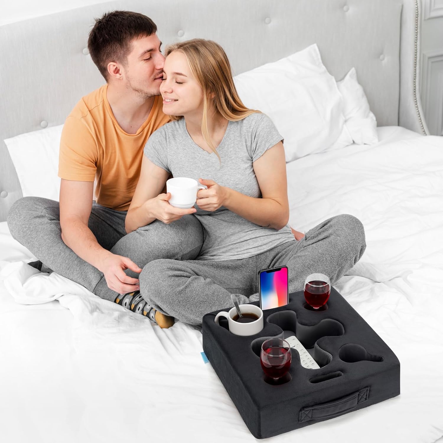 Couch Cup Holder-Sofa Cup Holder Pillow Tray Caddy Cupholder Hearted for Bed, Rv, Tv, Car, Man Cave, Backseat for Remote, Drinks, Snacks (DarkGrey)