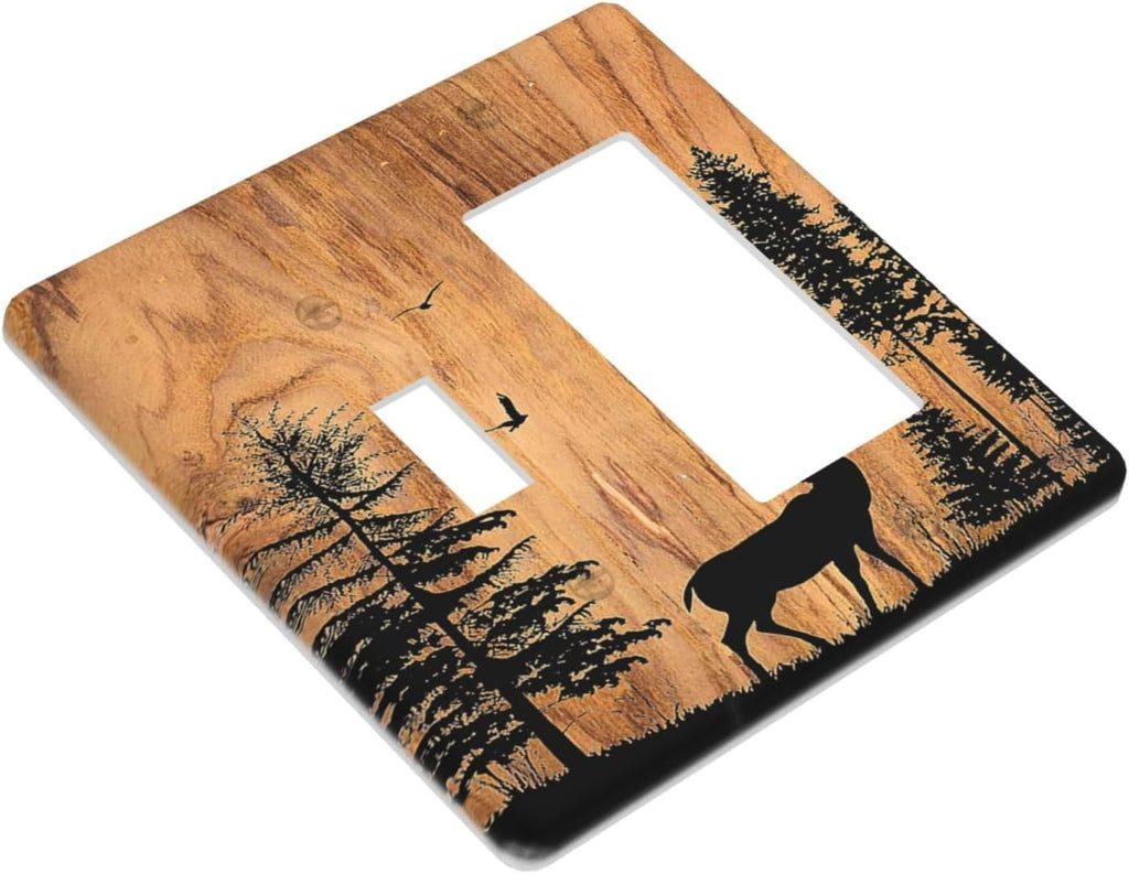 Outlet Covers Rustic Farmhouse Orange Brown Pine Tree Deer Wood Grain 1 Toggle 1 Rocker Combination Decorative Wall Plate Electrical Switch Plates Light Switch Cover Plate for Bedroom