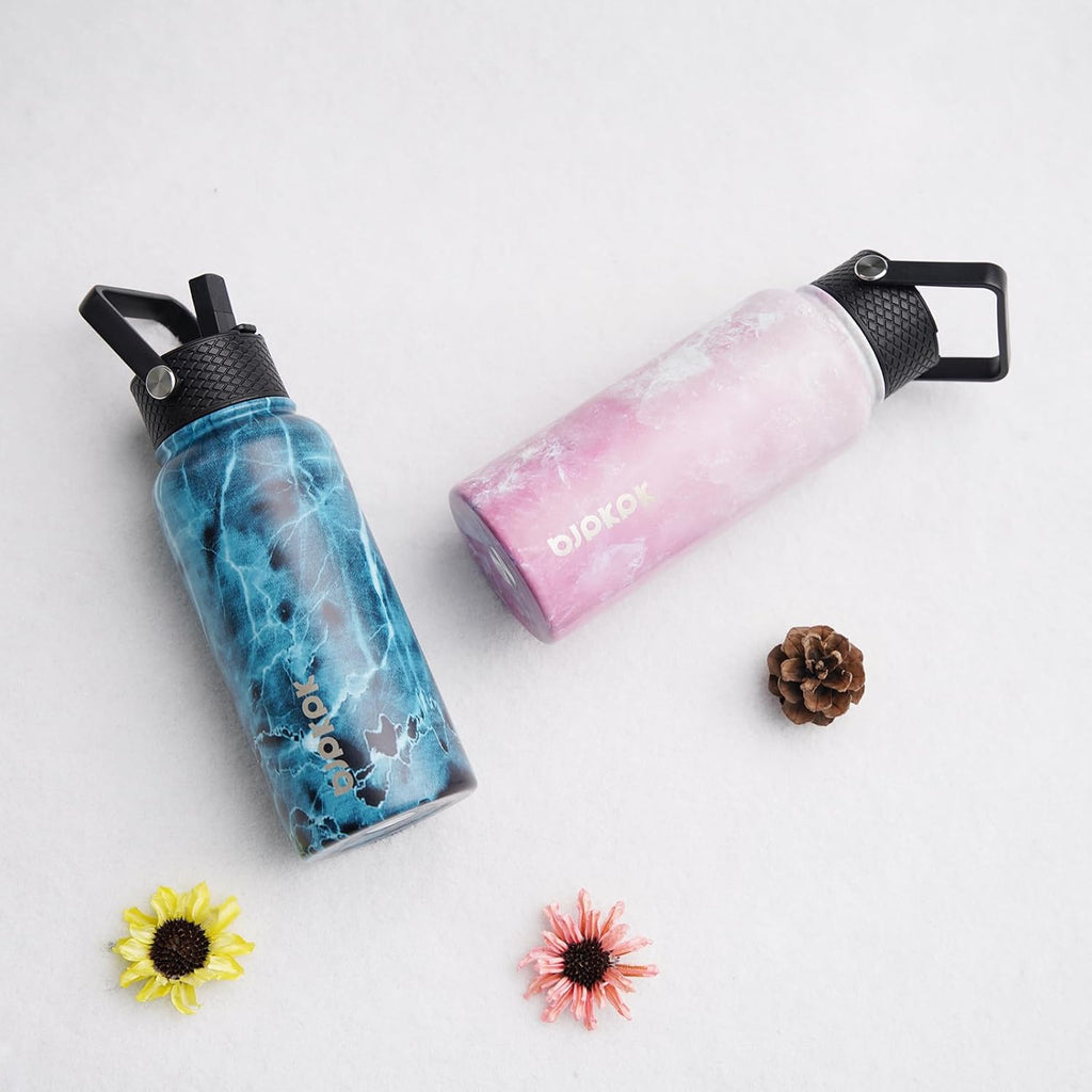 BJPKPK 2 Pack Insulated Water Bottles with Straw Lids, 32oz Stainless Steel Metal Water Bottle with 6 Lids, Leak Proof BPA Free Jugs, Cups, Flasks for Travel, Sports (Lavender Green+Black)