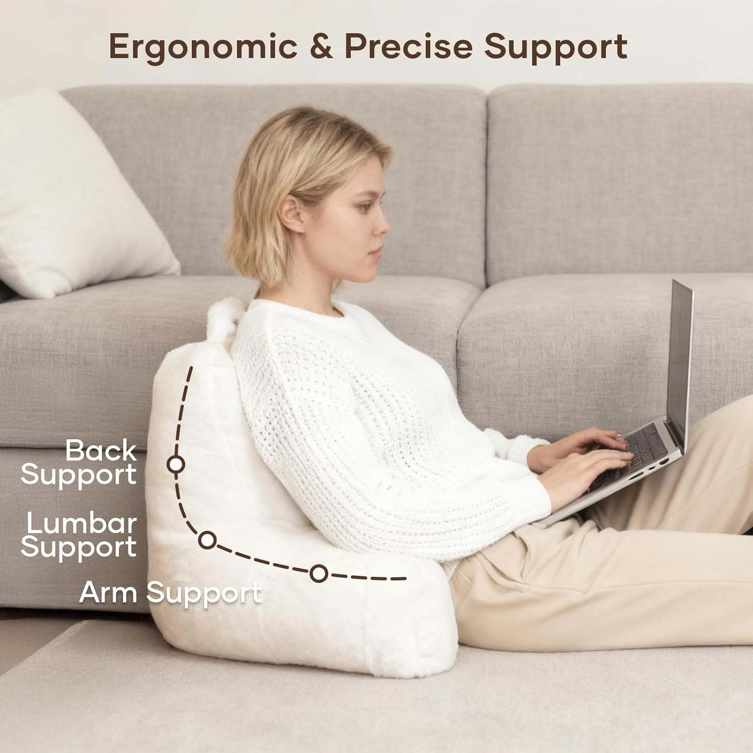 NOONTIDE Reading Pillow for Adults Sitting in Bed:Large Back Pillow with Detachable Neck Roll and Individual Cushion，Cover Washable Sit up Pillow,Watching TV/Gaming/Relaxing(FurryWhite)