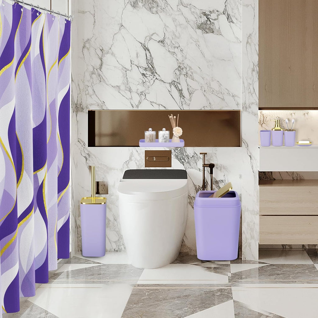 Purple Bathroom Accessories, Bathroom Sets with Stripe Shower Curtain, Purple and Gold Bathroom Accessories Set with Trash Can, Soap Dispenser, Soap Dish, Qtip Holders for Bathroom