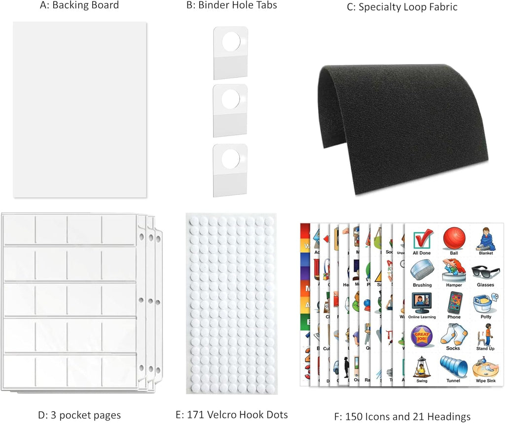 SchKIDules V-KIt - Portable, Binder-Ready Visual Schedule for Kids w/8.5x11" Backboard & 150 laminated Icons plus 21 Headings