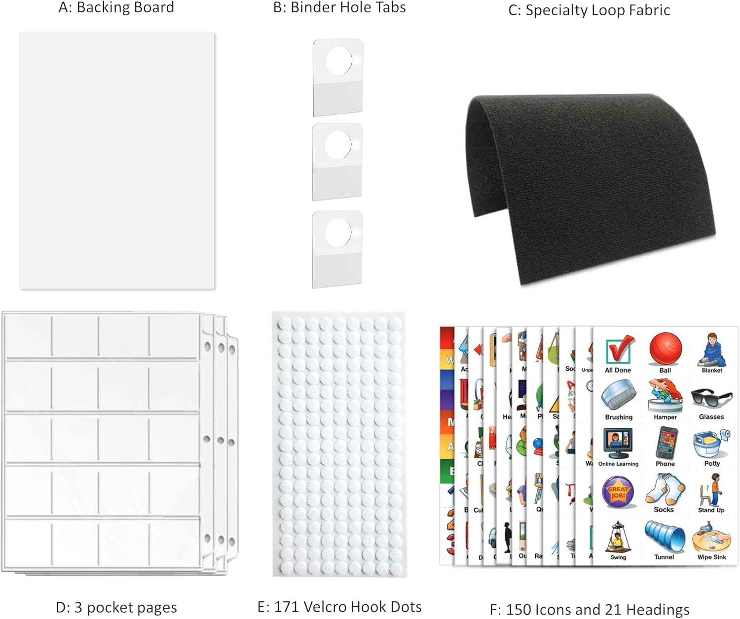 SchKIDules V-KIt - Portable, Binder-Ready Visual Schedule for Kids w/8.5x11" Backboard & 150 laminated Icons plus 21 Headings