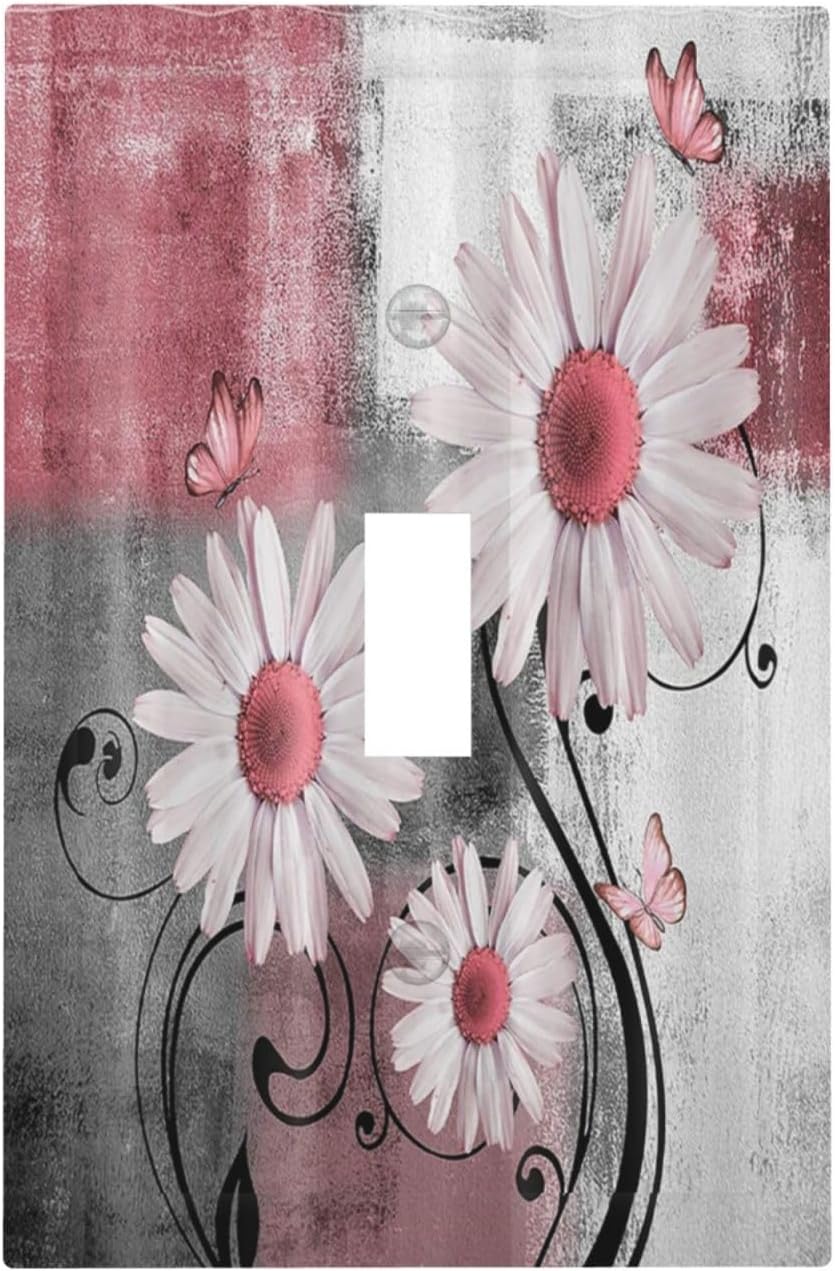 Decorative Light Switch Cover Pink Floral Rustic Daisy Flower And Butterfly 1 Gang Single Toggle Decorator Outlet Wall Plate Device Electrical Faceplate Switchplates for Farmhouse Cabin Decor