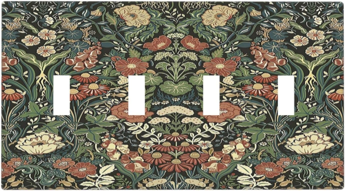 Light Switch Covers Vintage Dark Floral William Morris Green Flower Quad Toggle Electrical Faceplate 4 Gang Wall Plate Decorative Switch Plates for living Room Home Decor