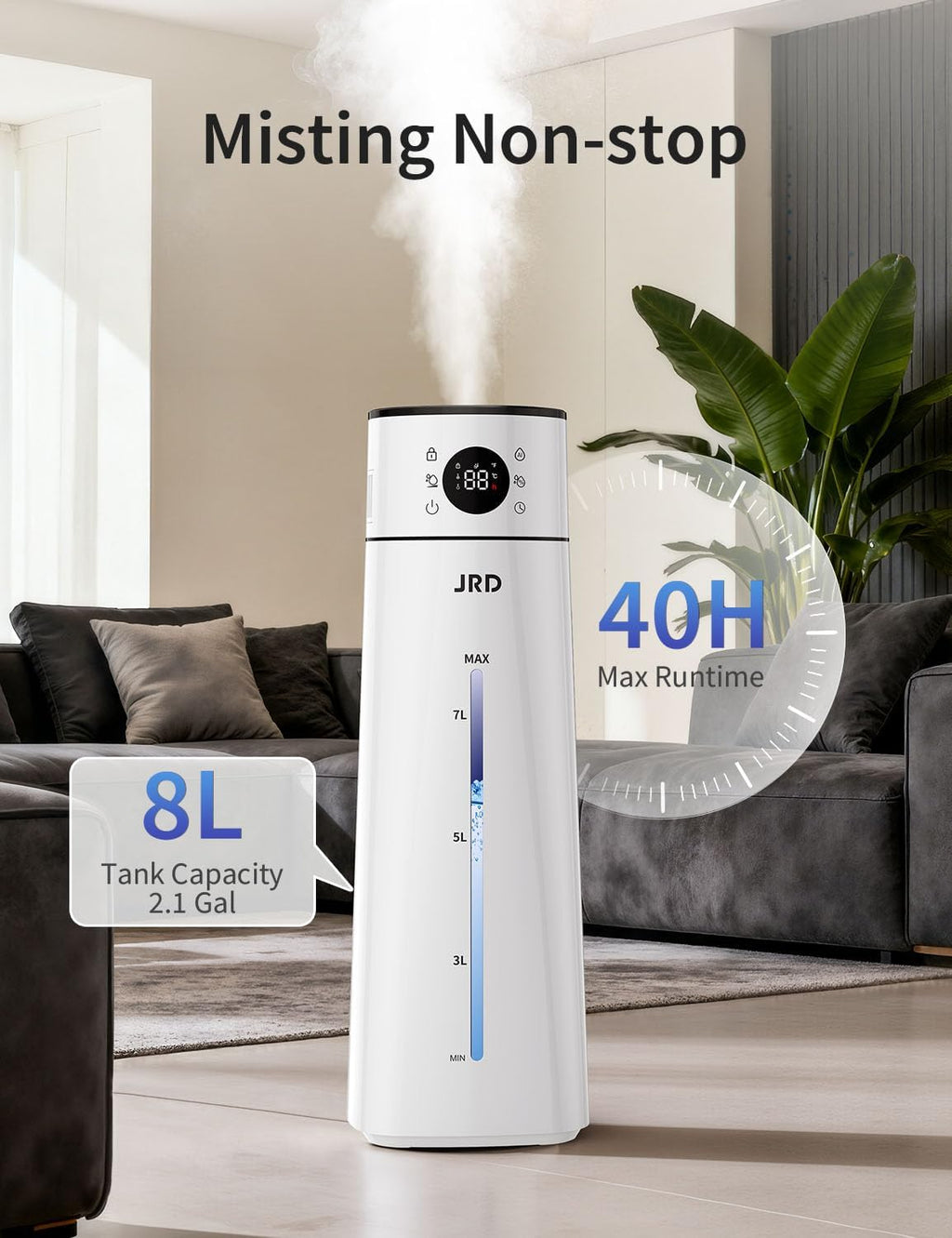 JRD 8L/ 2.1Gal Humidifier Large Room, Ultrasonic Cool Mist for Bedroom, Quiet Humidifier with Remote Control, 10 Mist Modes, 24H Timer, 40H Run, AI Mode, Night Light for Home Office Baby Pets-White