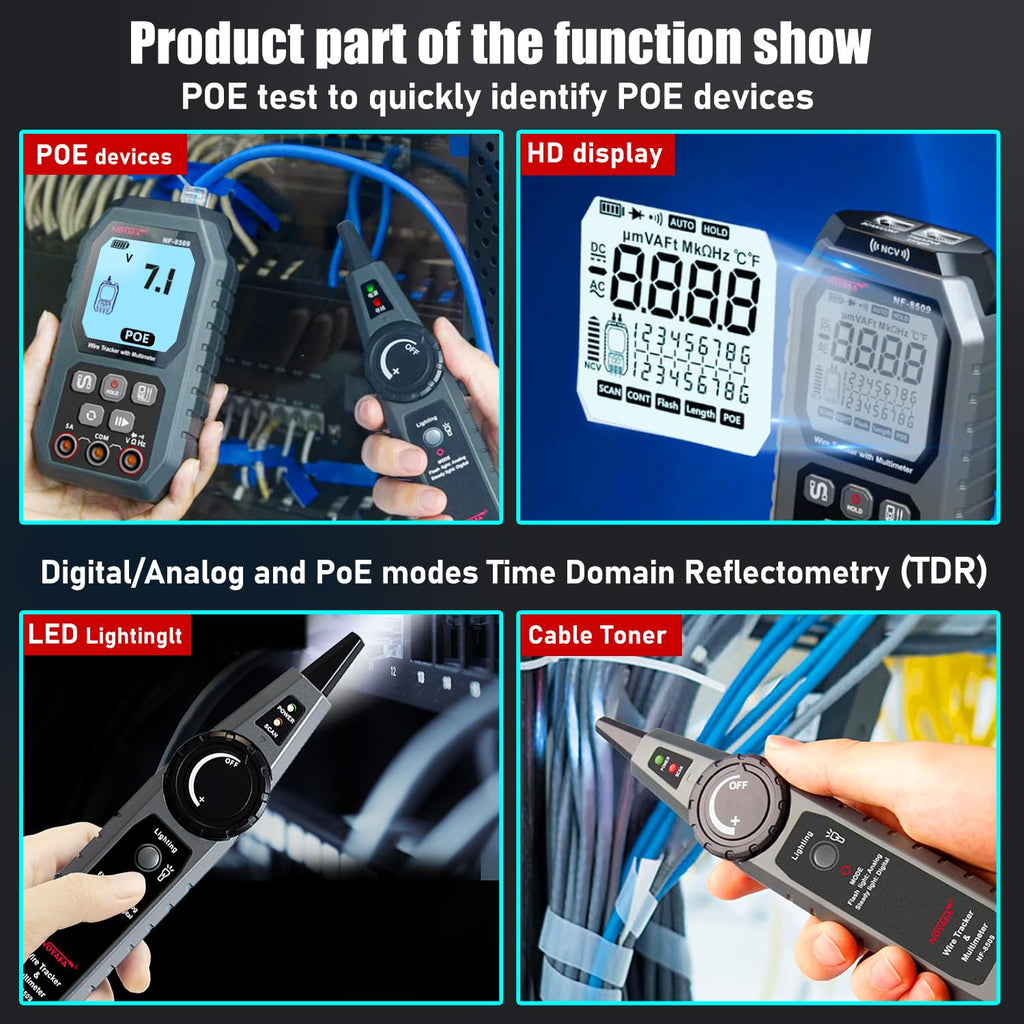 NF-8509 Network Cable Tester (with Multimeter Tester), POE/RJ45 RJ11 CAT5 CAT6 LAN/Ethernet Port Flashing, Anti-Interference TDR Network Tester/NCV Anti-Burnout AC DC Voltmeter Network Tool