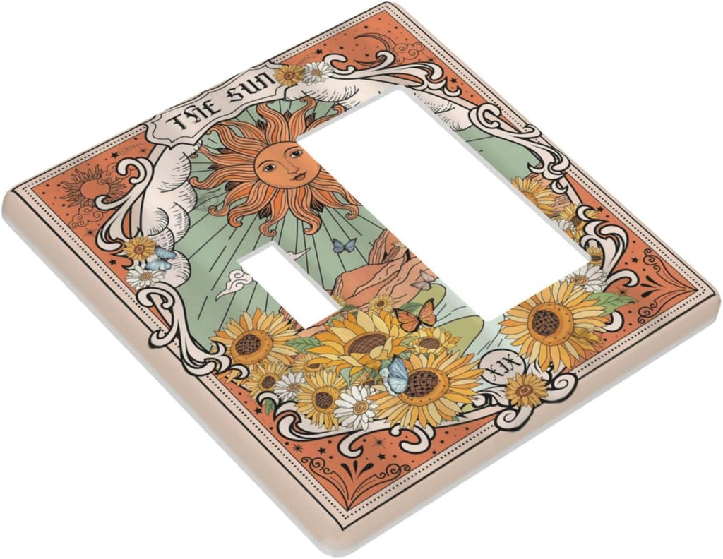 Boho Retro Sun Sunflower Vintage Flower Butterfly Outlet Covers 1 Toggle 1 Rocker Combination Decorative Wall Plate Electrical Switch Plates Light Switch Cover Plate for Farmhouse Home Decor