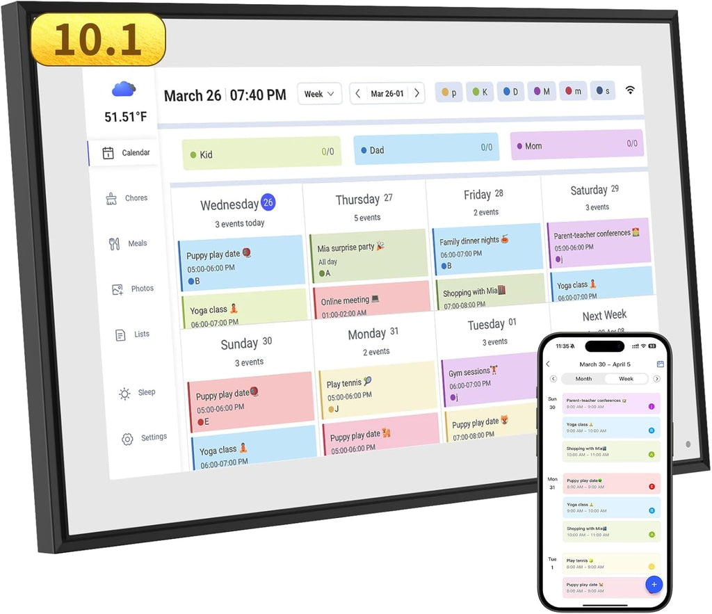 10.1 Inch Smart Digital Calendar & Chore Chart Full HD Touchscreen Display WiFi Sync Electronic Planner for Family Schedules Includes Desk Stand Streamline Home Organization Gift for mother mom women
