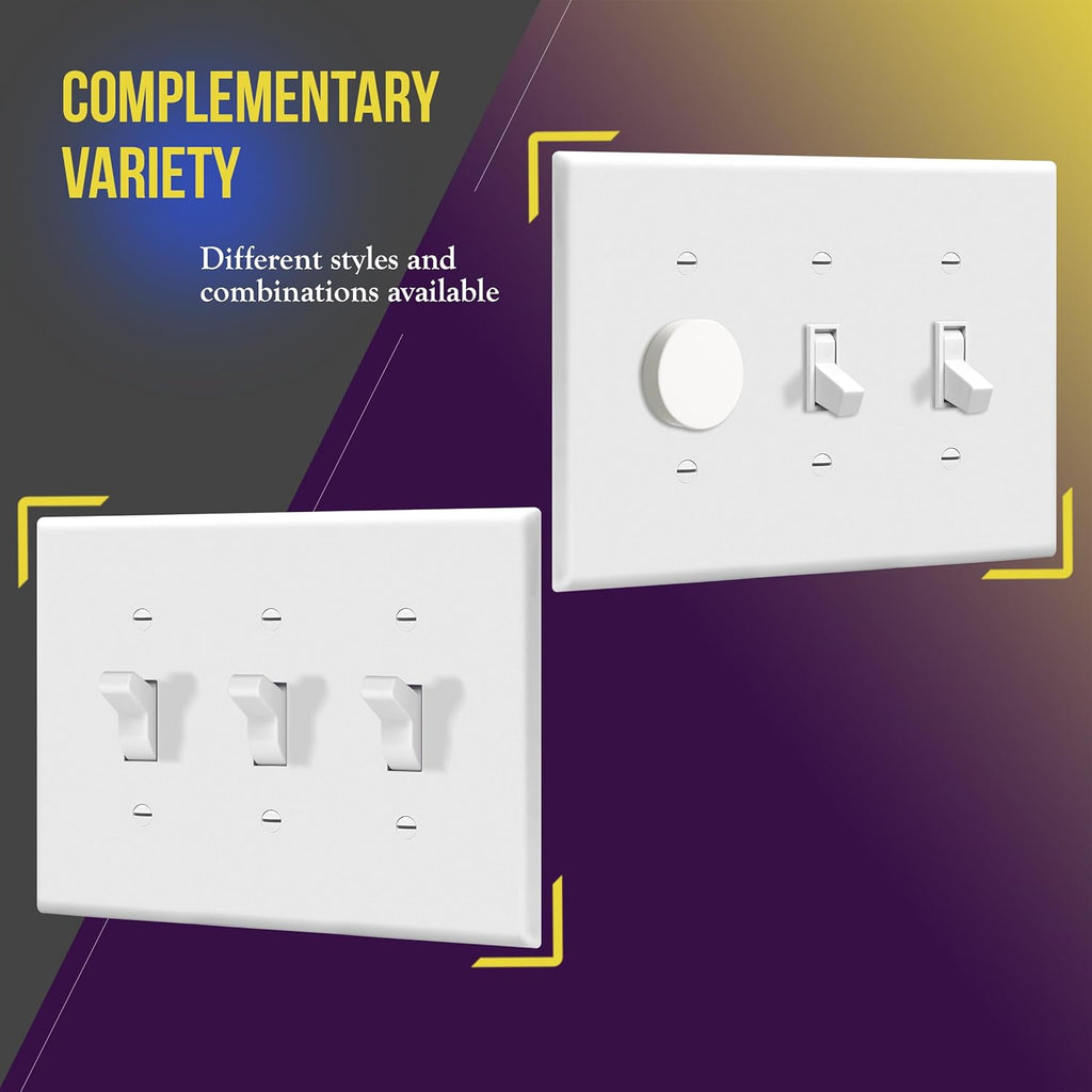 ENERLITES Toggle Light Switch Wall Plate, Gloss Finish, 3-Gang 4.88" x 6.77", Mid-Size, Unbreakable Polycarbonate Thermoplastic, UL Listed, 8813M-W, White