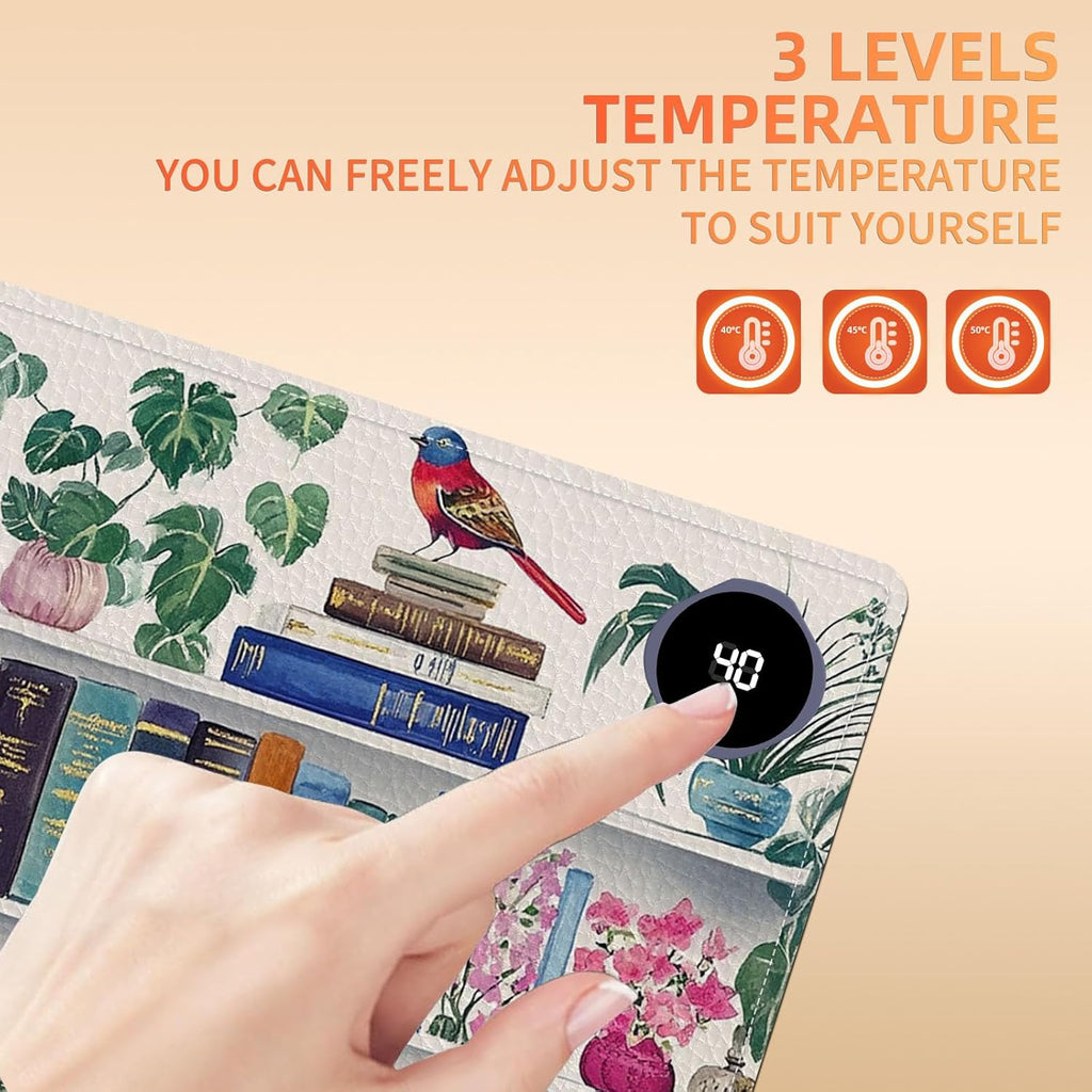 Heated Mouse Pad 23.6 x 14 in 3-Temp Fast Heating Desk Mat with Auto Timer Warmer for Hands Wrist Pain Relief Waterproof Keyboard Mat for Office, Gaming, Home, Bookshelf Floral