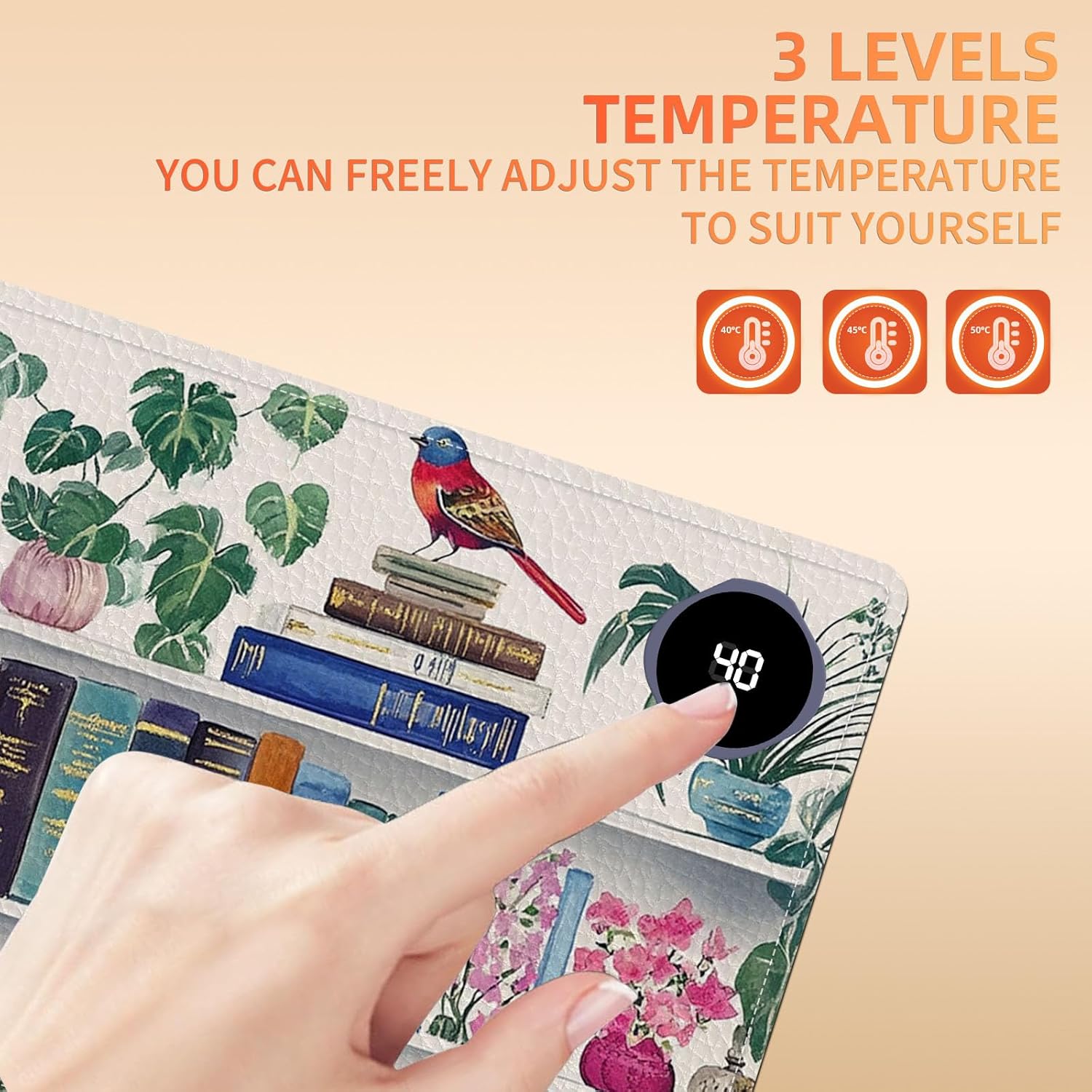 Heated Mouse Pad 23.6 x 14 in 3-Temp Fast Heating Desk Mat with Auto Timer Warmer for Hands Wrist Pain Relief Waterproof Keyboard Mat for Office, Gaming, Home, Bookshelf Floral