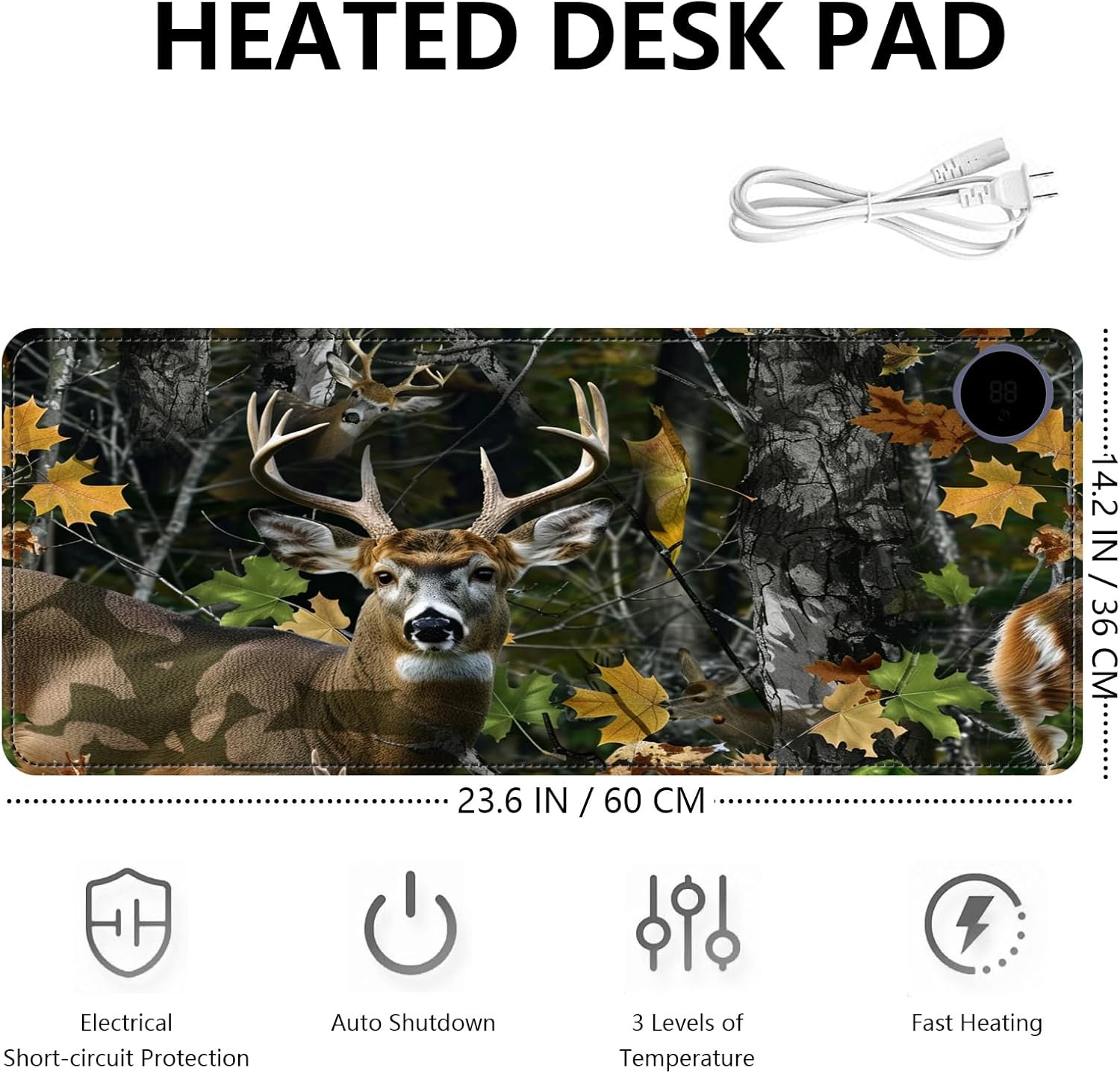 Heated Mouse Pad with 3 Levels Heated & 3 Hours Auto Shut-Off Mouse Pad for Warming Hands in Office Home, 23.6" x 14.2"Large Safe Desk Mat Hand Warmer，Maple Elk
