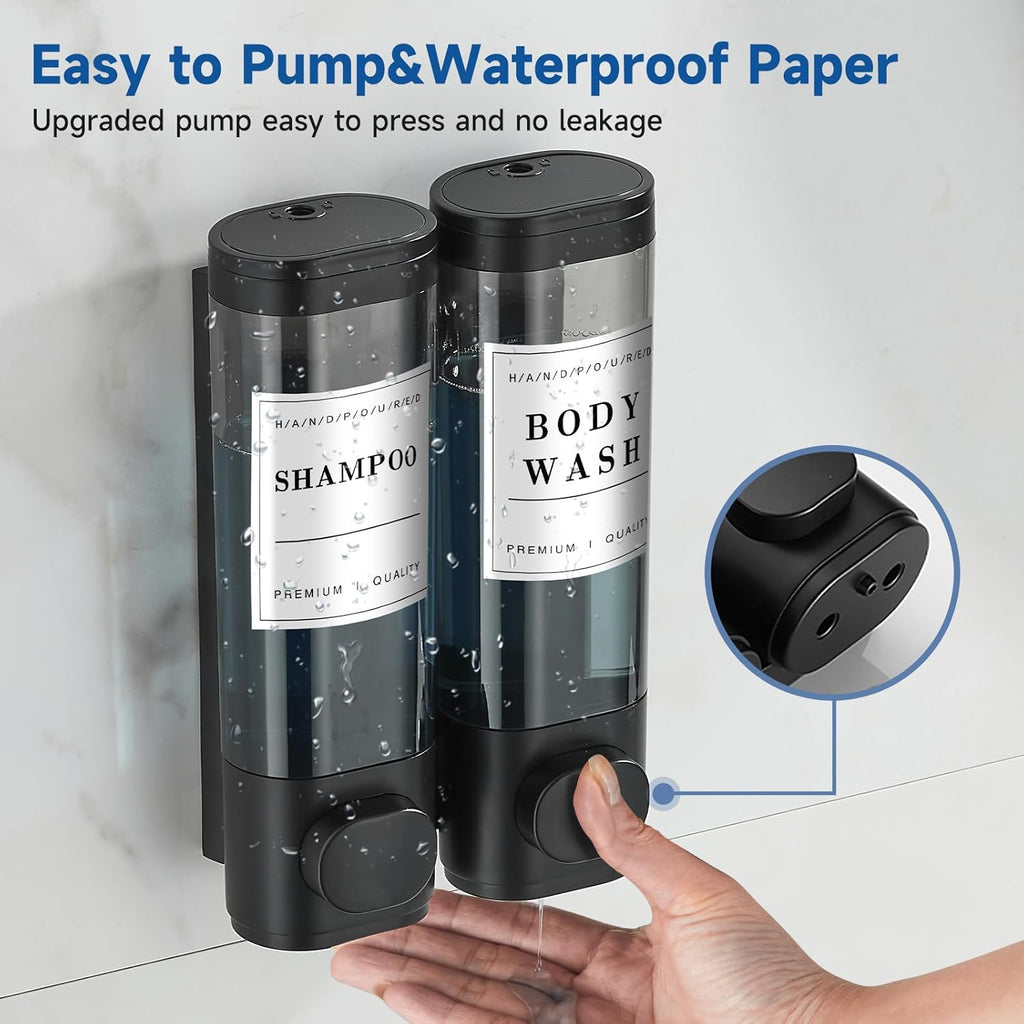 Shower Soap Dispenser Shampoo and Conditioner Dispenser 2 Chamber No Drill Wall-Mounted Shampoo Dispenser for Shower Wall Mounted Shower Dispenser for Bathroom Hotel Large Capacity,Black