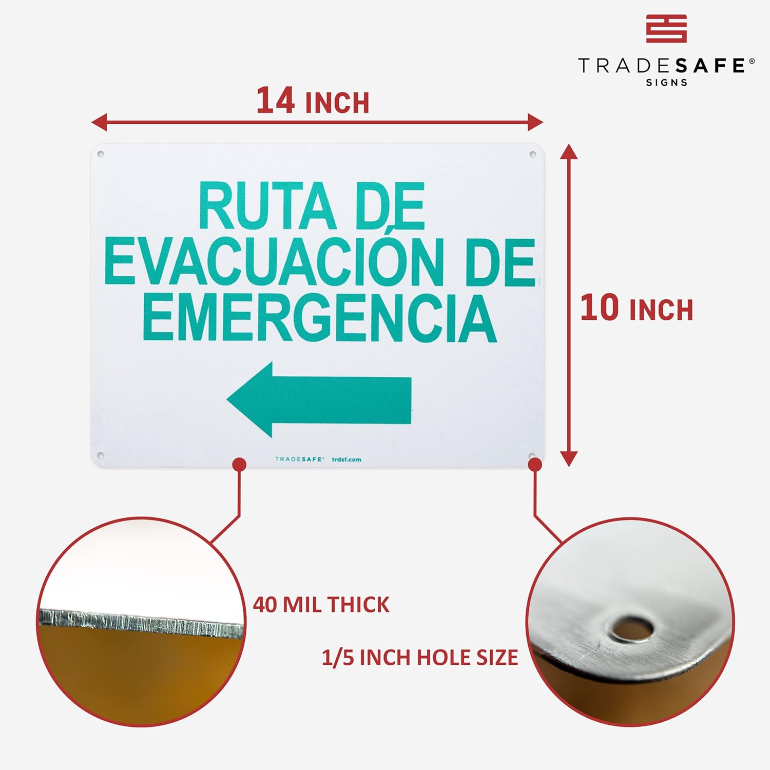 TRADESAFE Emergency Evacuation Route Arrow Left Sign – Ruta De Evacuación De Emergencia Spanish Sign, Quick Install, Light Reflective, UV-Resistant, Waterproof, 14” X 10” Aluminum Safety Signs