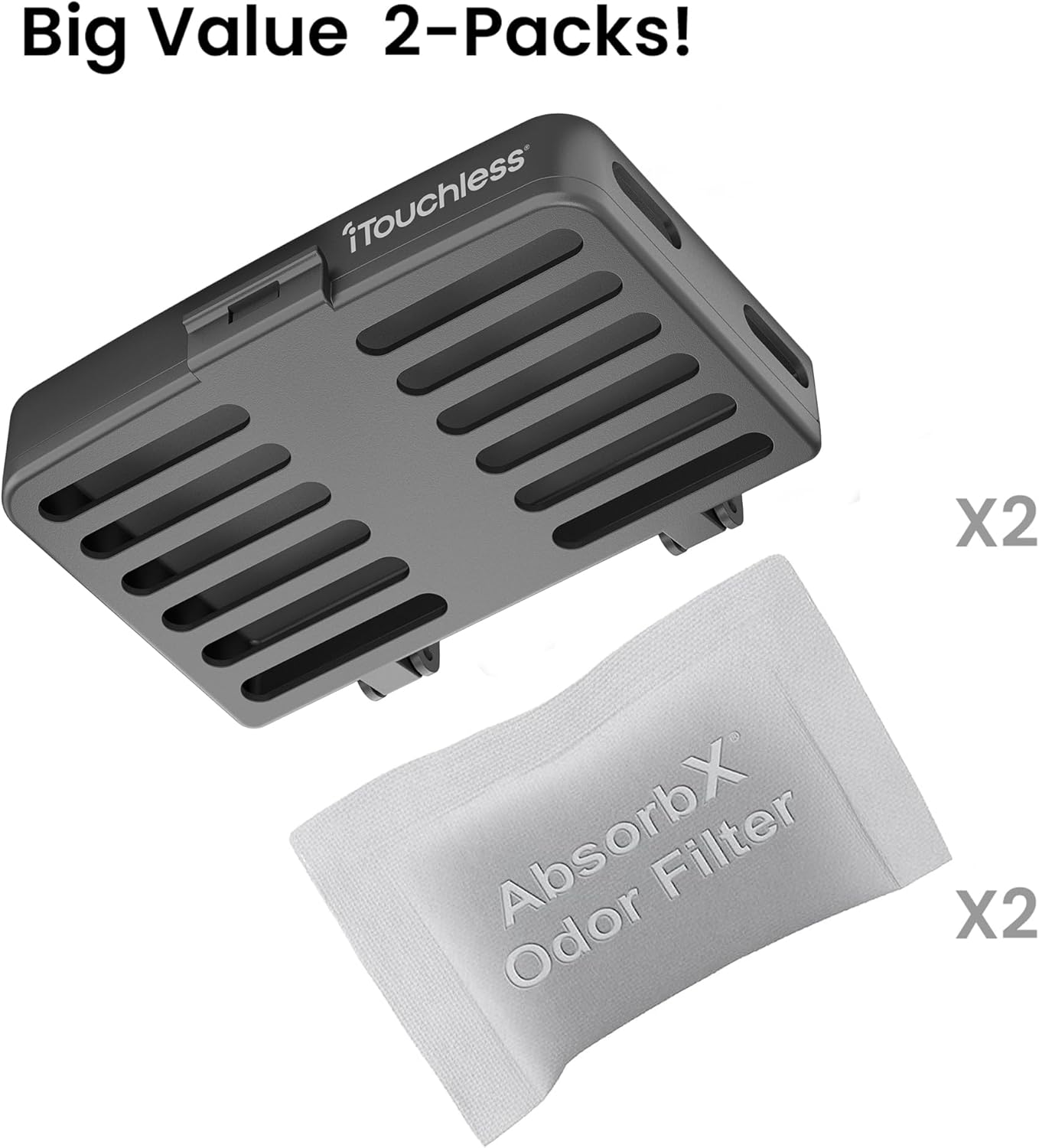 iTouchless AbsorbX Odor Removal Kit for Trash Can, Diaper Pail, Refrigerator, Closet, Shoes, Locker, Replaceable Filter, Stick On Deodorizer Activated Carbon Filters Eliminate Smell (2-Pack - Black)