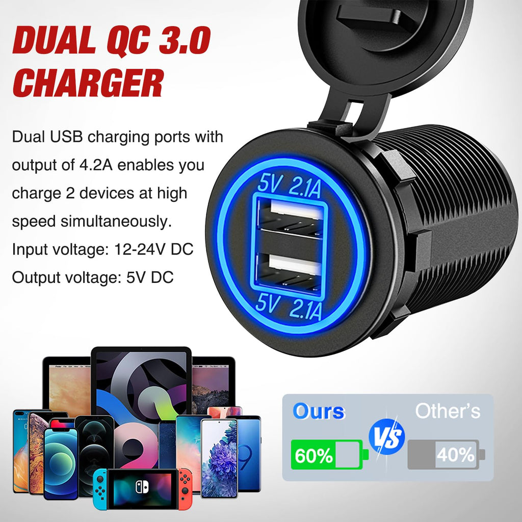 Nilight 4 in 1 Outlet Socket Panel 12V DC 4.8A Dual USB 12 Volt Cigarette Lighter LED Voltmeter ON Off Rocker Toggle Switch for Marine Boat Truck Car