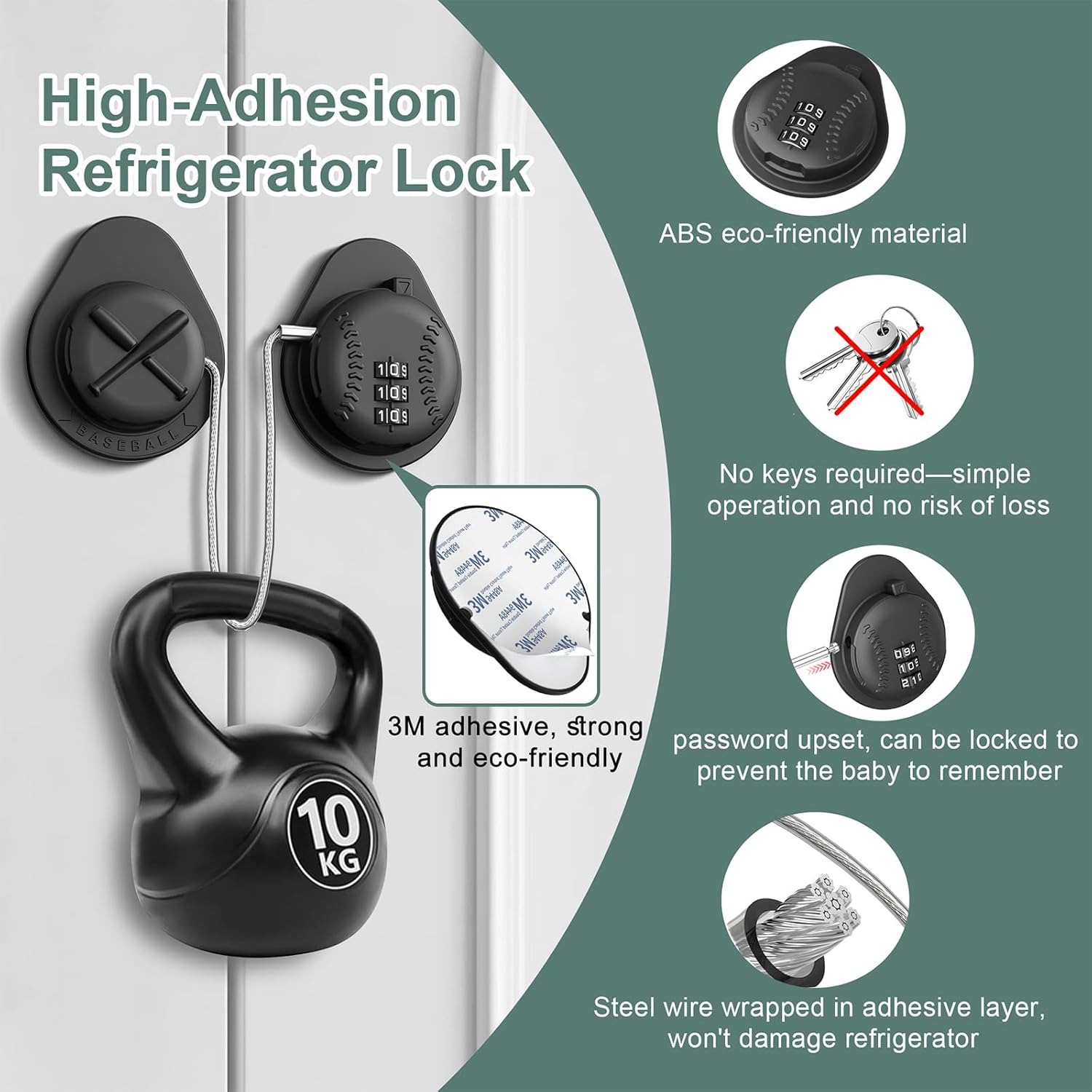 2 Pack Latest Baseball Style Child Safety Refrigerator Lock with 3 Digit Combination Code; Baby Proofing Cabinet Latches for Fridge, Closet, Drawer & Freezer (Black)
