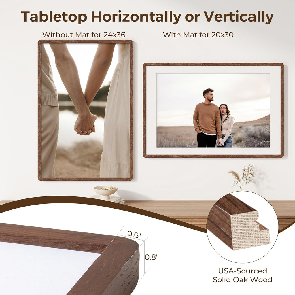 24x36 Poster Frame for Wall, 24 by 36 Picture Frame - Solid Oak Wood & Tempered Glass, Rustic 24 x 36 Wood Frame for Home Decor, 23x36 Picture Frame with Mat for 20x30, Walnut Color, 1 Pack