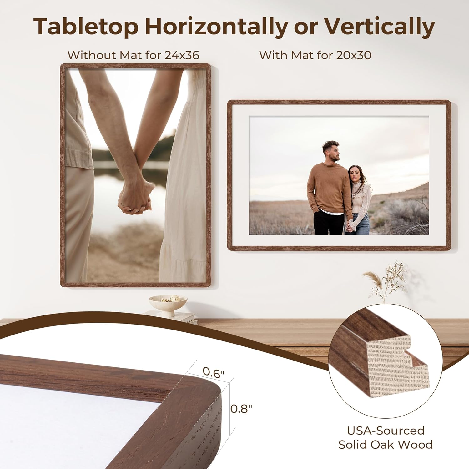 24x36 Poster Frame for Wall, 24 by 36 Picture Frame - Solid Oak Wood & Tempered Glass, Rustic 24 x 36 Wood Frame for Home Decor, 23x36 Picture Frame with Mat for 20x30, Walnut Color, 1 Pack