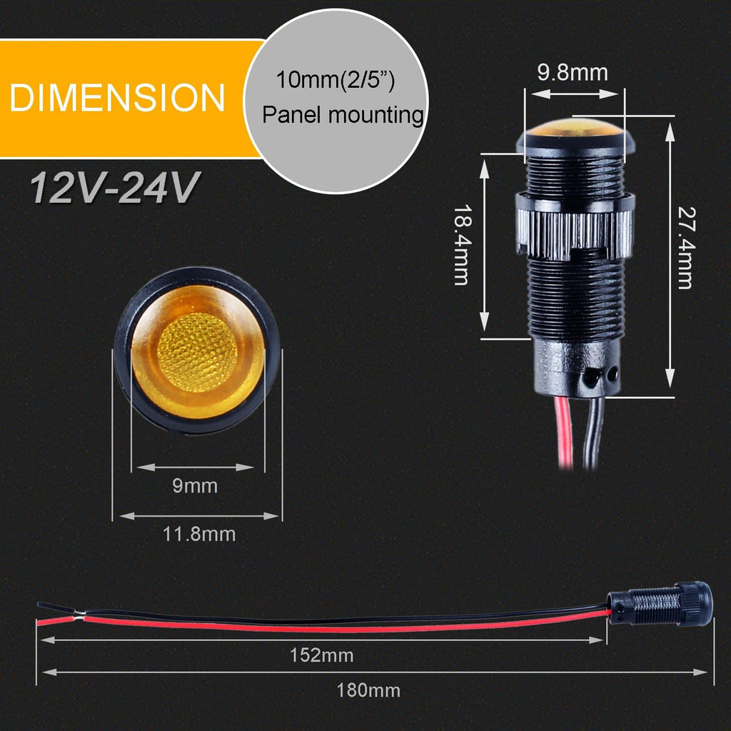5pcs 10mm LED Indicator Light Plastic Black Signal Dot Lamp 12V-24V 2/5" Mounting Hole Size with 15cm/5.9in. Wire (Yellow LED)