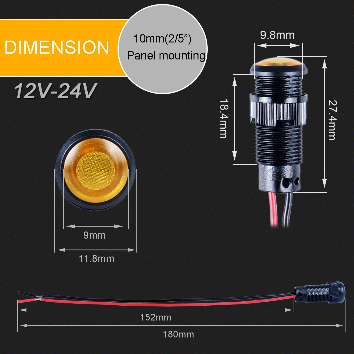 5pcs 10mm LED Indicator Light Plastic Black Signal Dot Lamp 12V-24V 2/5" Mounting Hole Size with 15cm/5.9in. Wire (Yellow LED)