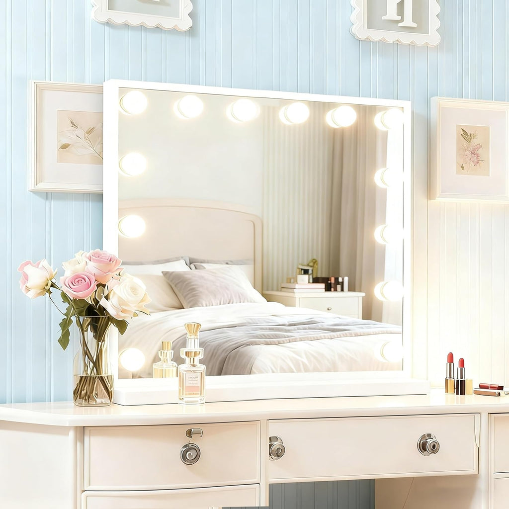Lighted Vanity Mirror, Hollywood Style, 14.5 Inch LED Makeup Mirror, White/Black, Metal Frame, 10x Magnification, 3 Dimming Modes, Smart Touch Control (White)