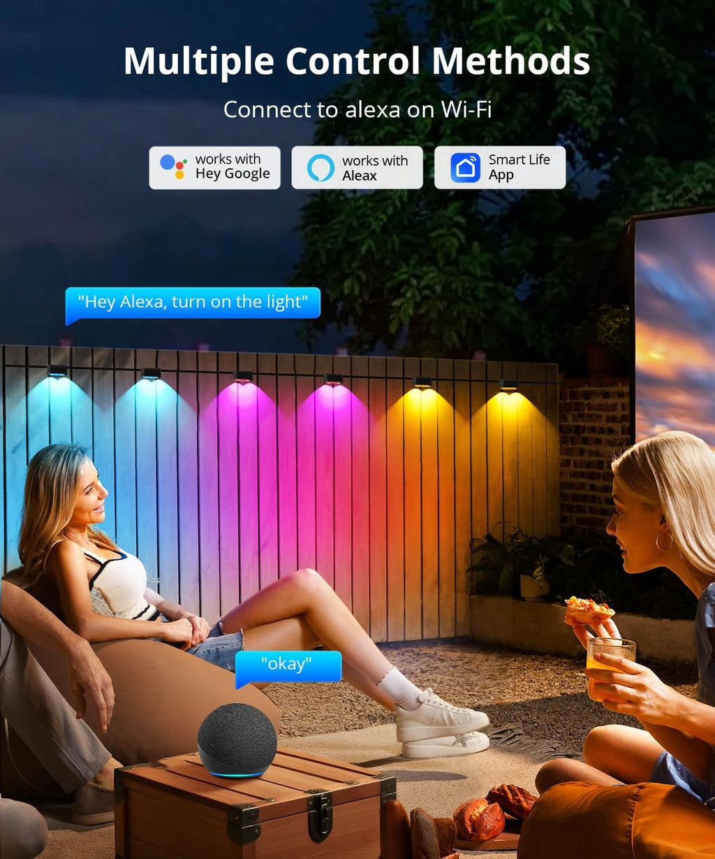 Outdoor Deck Lights 16 Packs, Smart RGBCW Fence Light, 100+ Scene Modes, Dual Lens LED String Lights with APP/Voice/Remote Control, IP65 Waterproof for Halloween Christmas Decor, 105ft Black