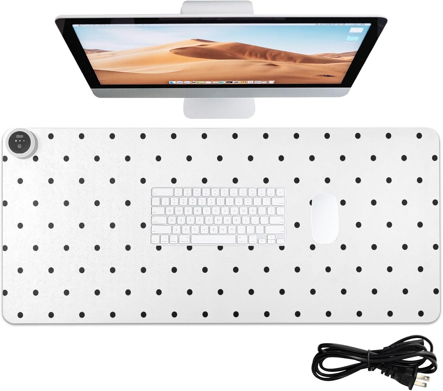 Heated Desk Pad Mouse Pad 31.5x13 Inch PU Leather Desk Mat with 3 Heat Levels Large Mouse Gaming Computer Laptop Mat Black Polka Dot White