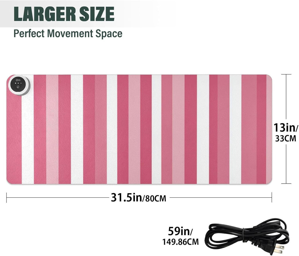 Heated Desk Pad Mouse Pad 31.5x13 Inch PU Leather Desk Mat with 3 Heat Levels Large Mouse Gaming Computer Laptop Mat Pink and White Stripes