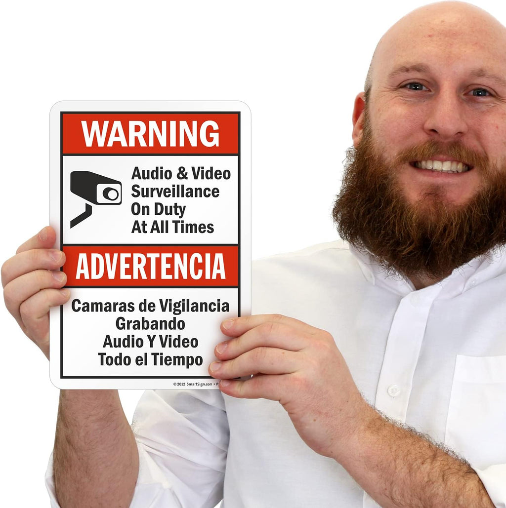 SmartSign 10 x 7 inch “Warning - Audio & Video Surveillance On Duty At All Times” Bilingual Sticker Label, 3 mil Laminated Adhesive Polyester, Red, Black and White, Made in USA