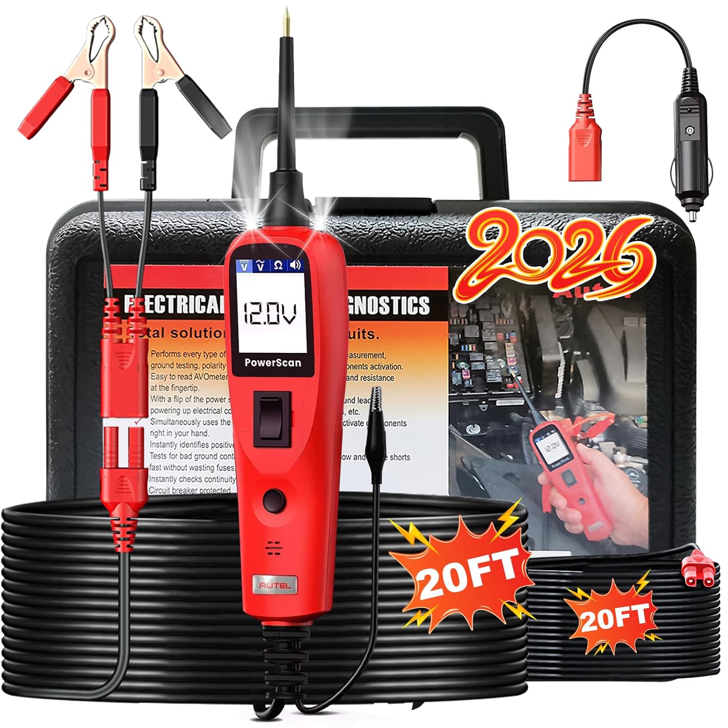 Autel PowerScan PS100 Power Circuit Probe Kit - 12V 24V Car Circuit System Diagnostic Tool, Automotive Circuit Tester with 20ft Extension Cable, Easy to Read AC/DC Current Resistance